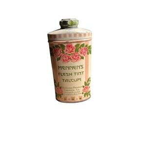 Antique Mennen's Flesh Tint Talcum Powder Tin Vintage Rose Litho Vanity Decor